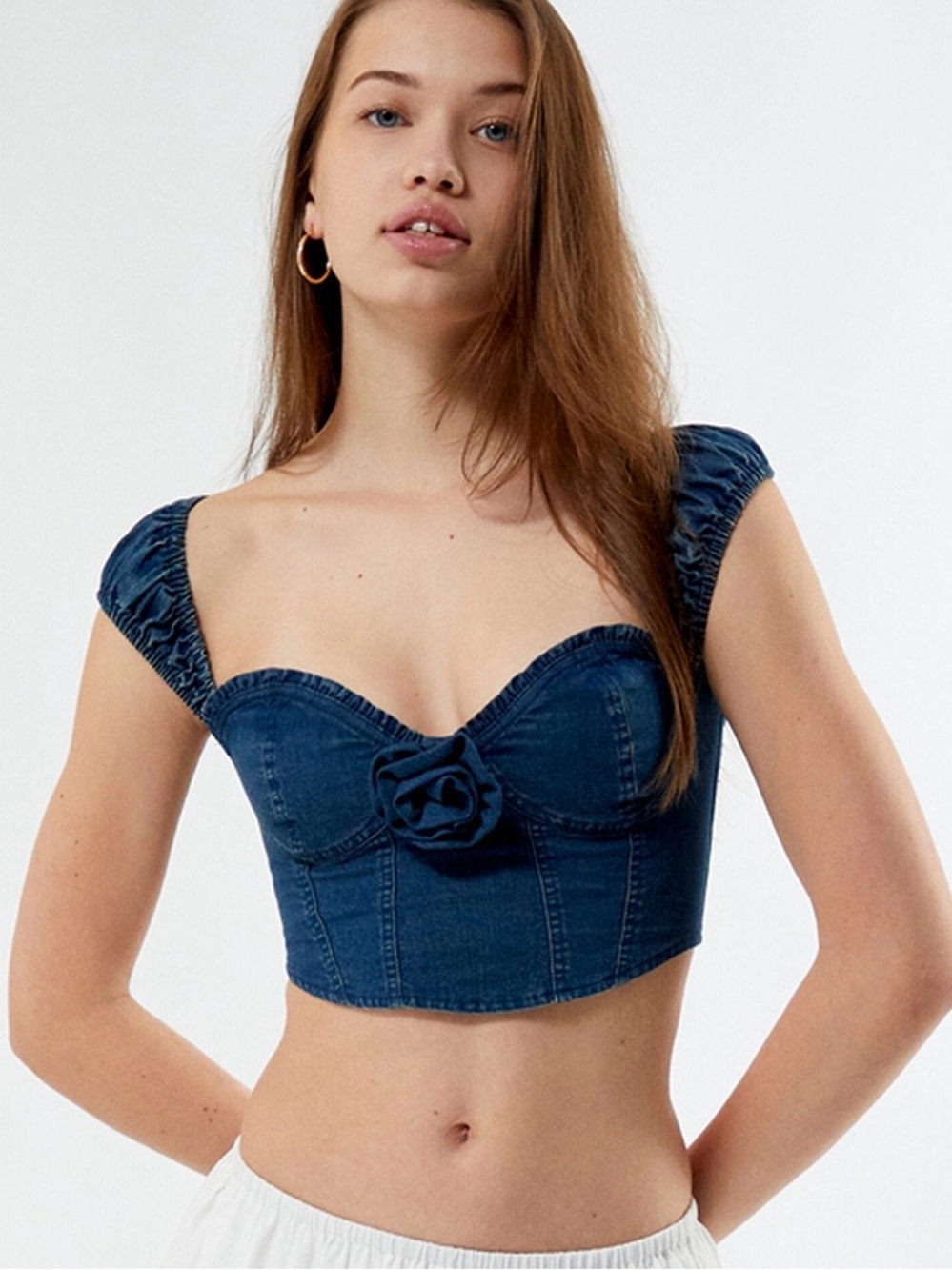 Smocked Back Tie Denim Crop Top XS